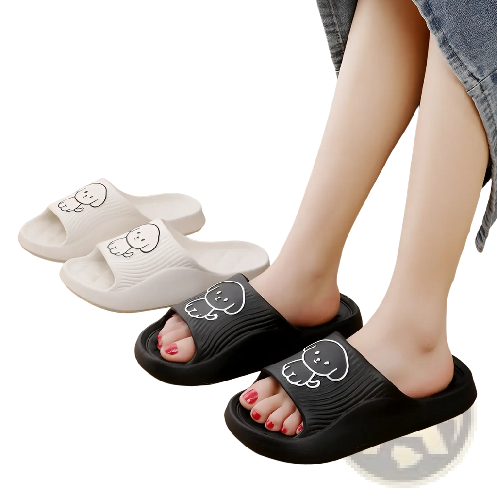 Black and white dog cartoon slide sandals with non slip eva textured rubber sole for indoor use