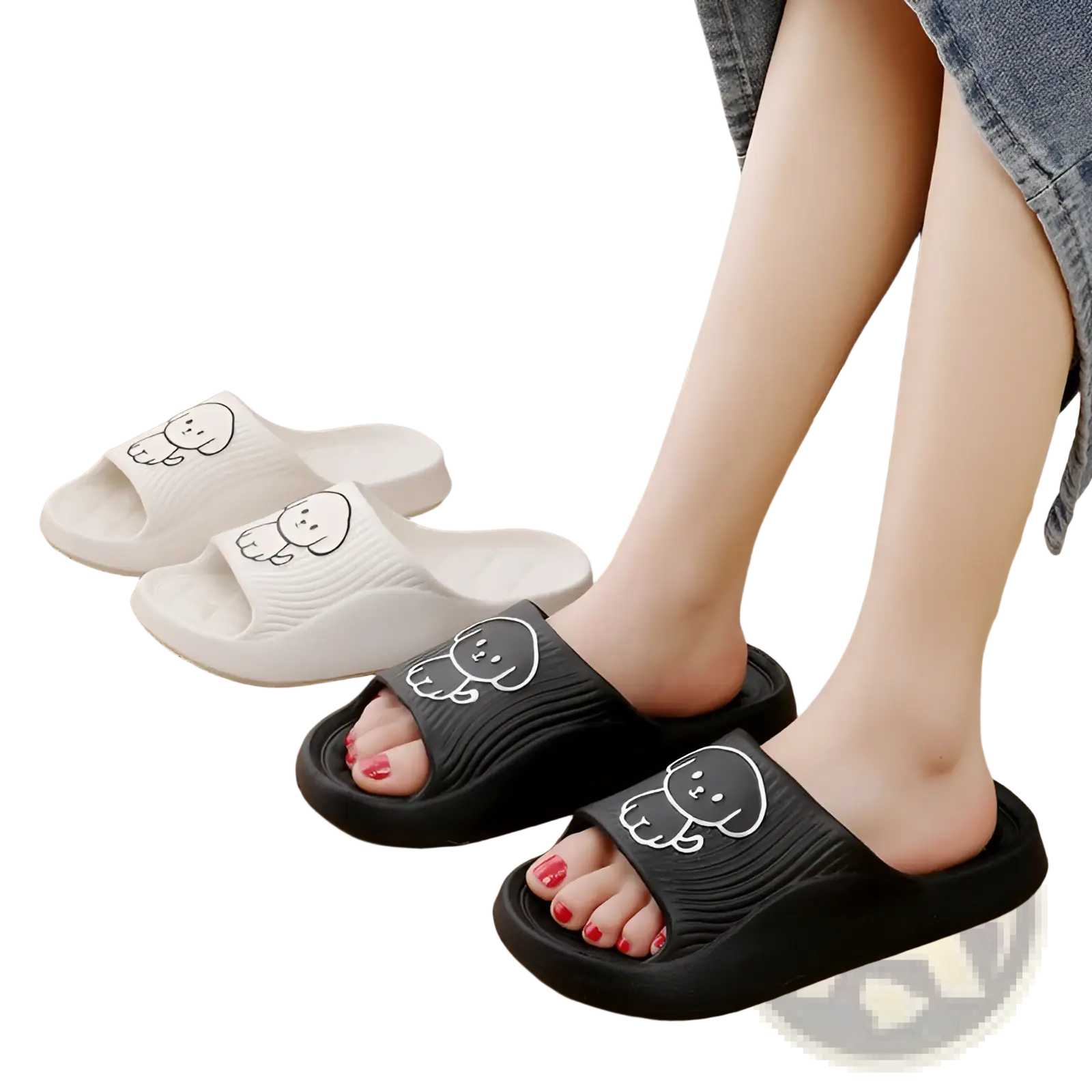 Black and white dog cartoon slide sandals with non slip eva textured rubber sole for indoor use