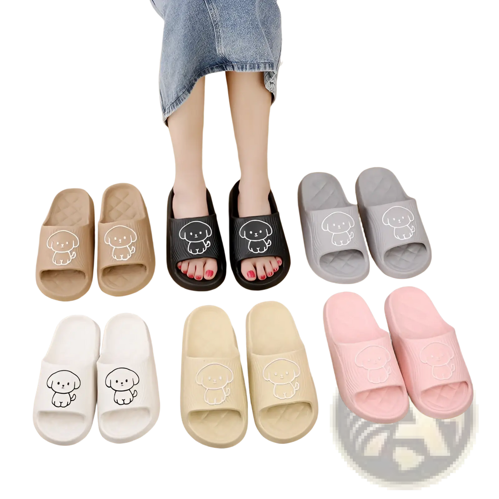 Cute cartoon dog-themed slide sandals in pastel and neutral colors with soft rubber sole and white outline design