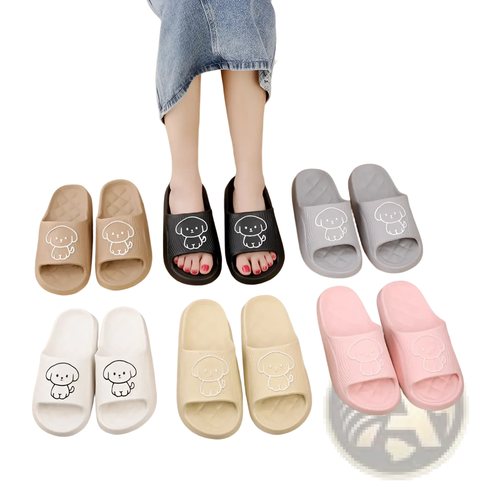 Cute cartoon dog-themed slide sandals in pastel and neutral colors with soft rubber sole and white outline design