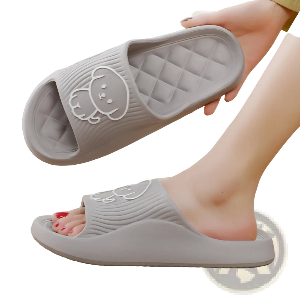 Gray rubber dog cartoon slide sandals with white embroidered bear design non slip eva house shoes