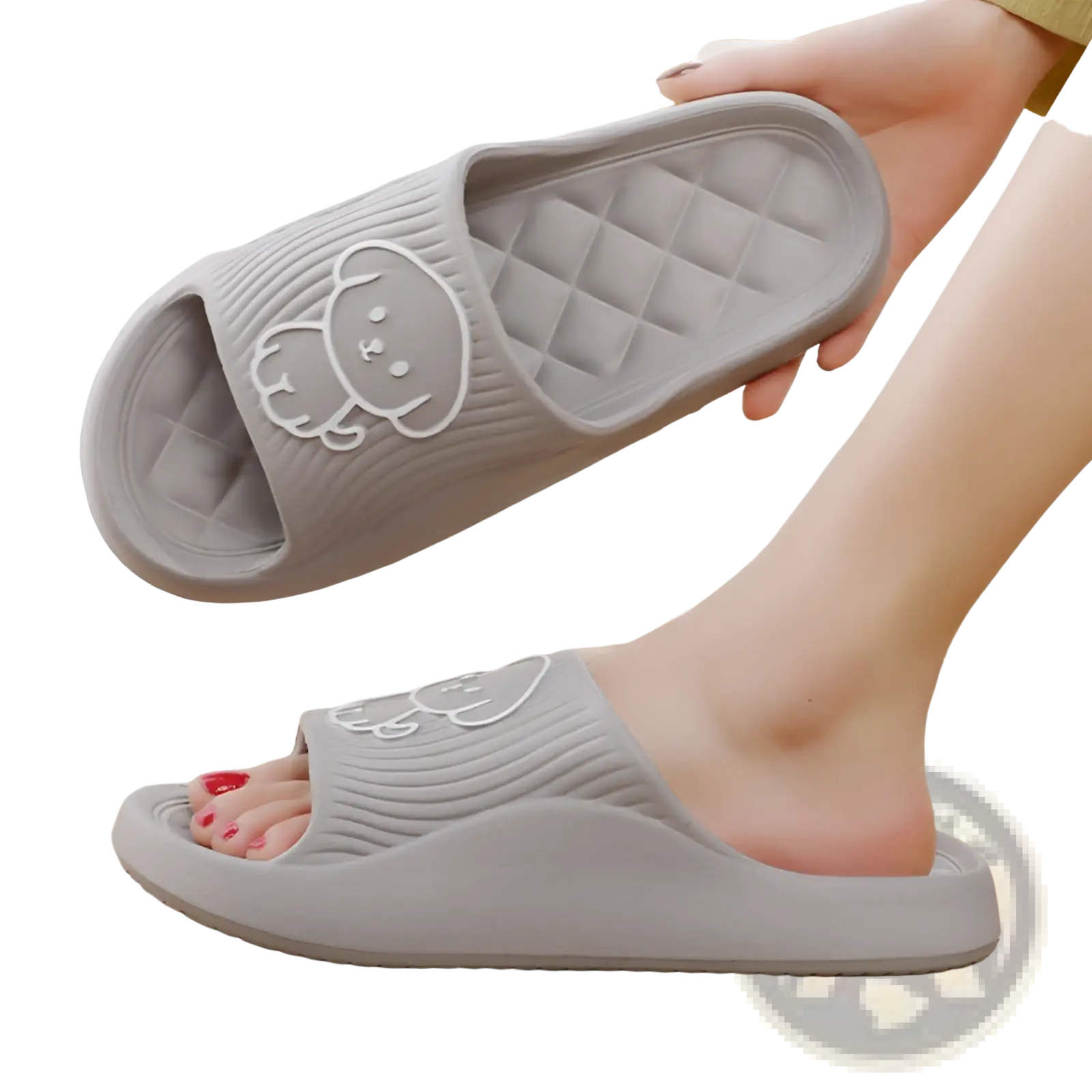 Gray rubber dog cartoon slide sandals with white embroidered bear design non slip eva house shoes