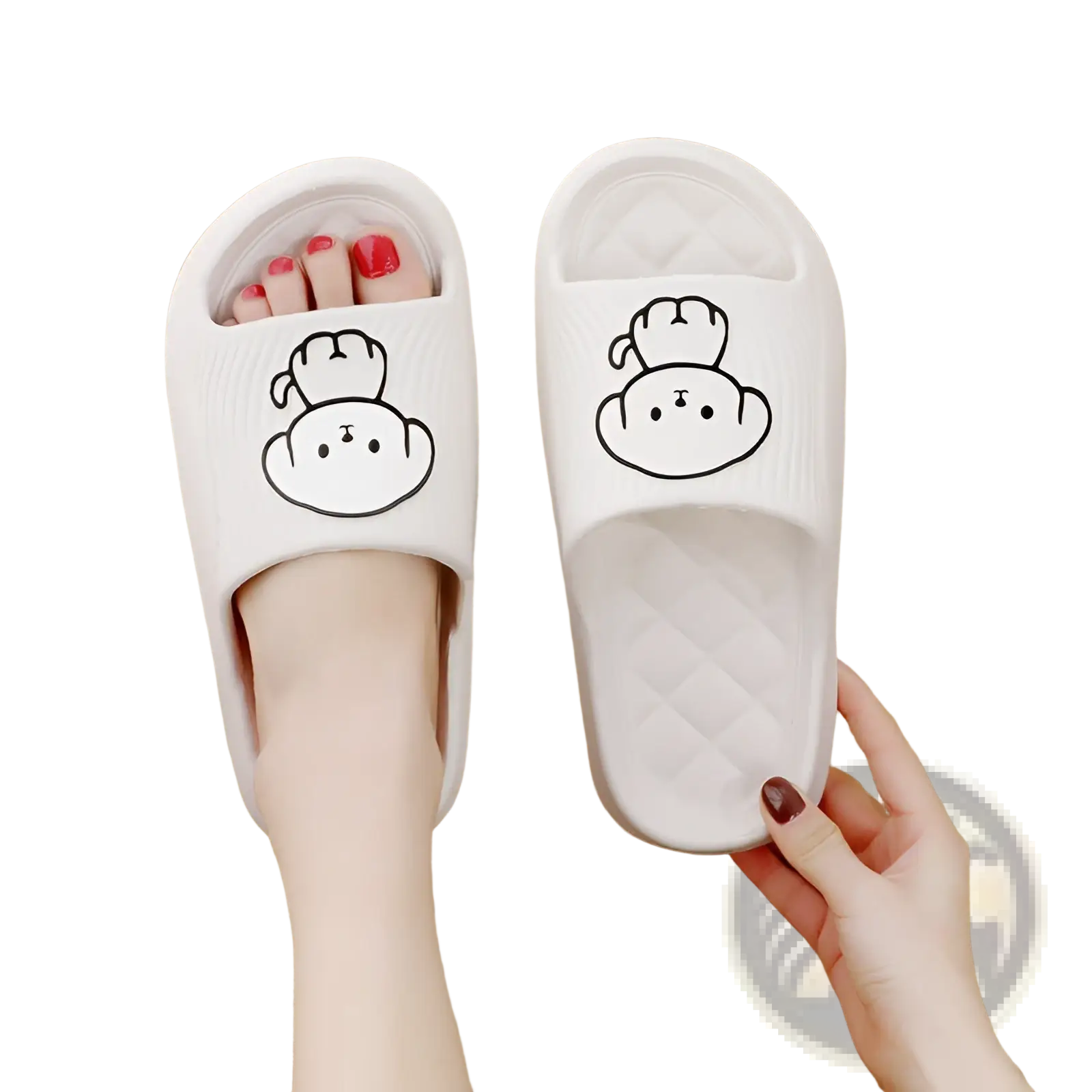 White slip-on dog cartoon slide sandals made of non slip EVA material for comfortable house use