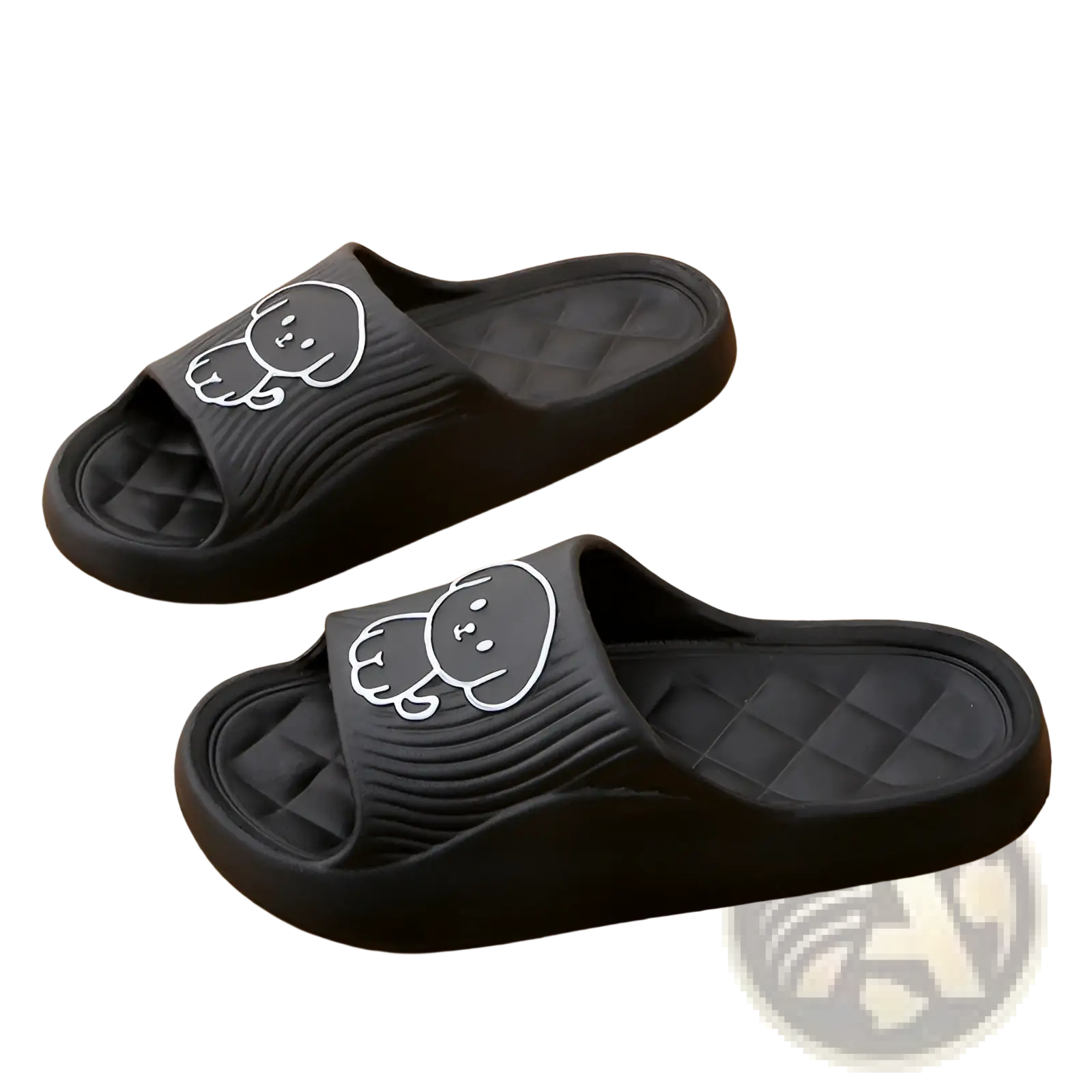 Black rubber dog cartoon slide sandals with white dog face design non slip eva house shoes for indoor use