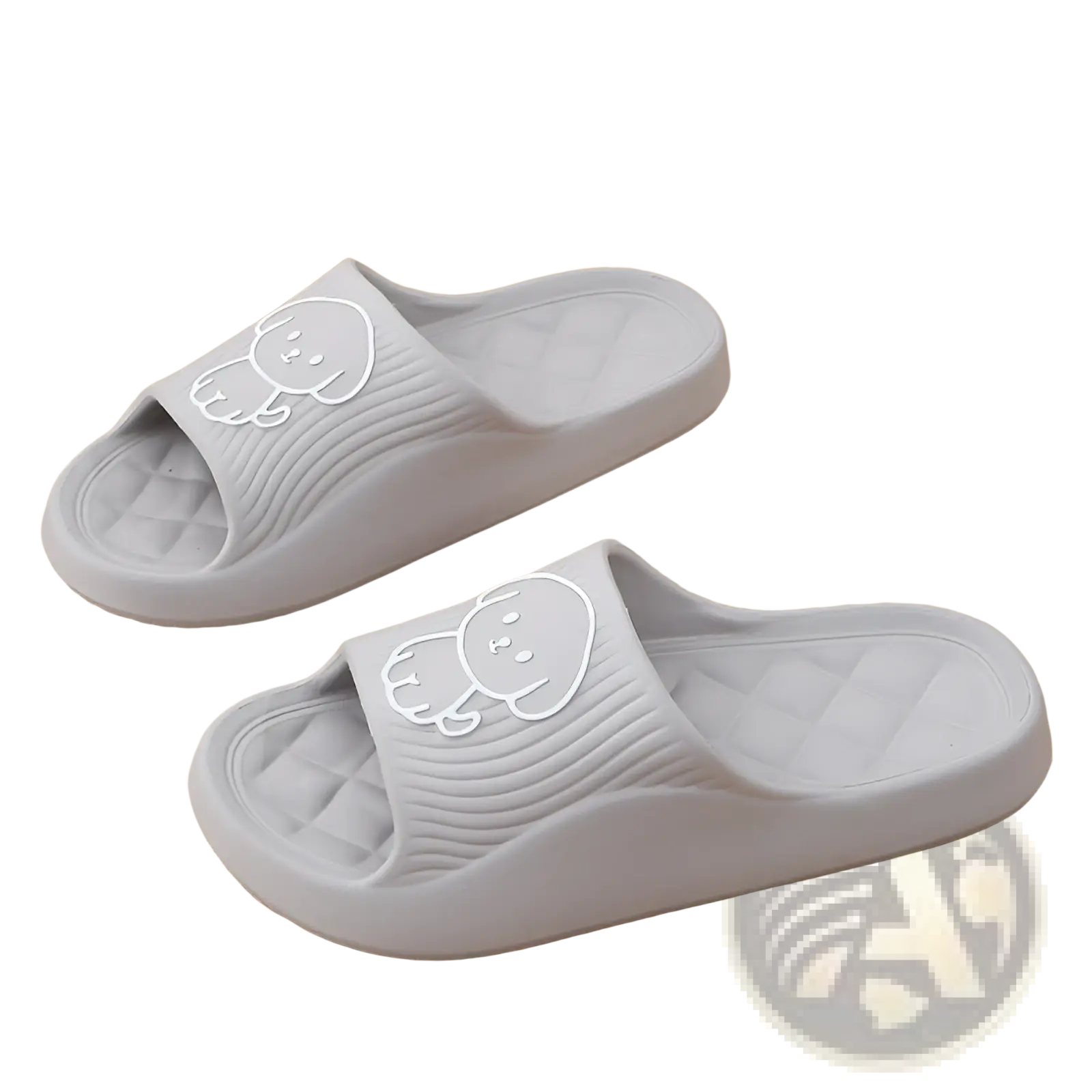 Gray rubber dog cartoon slide sandals with white character design non slip eva house shoes front view