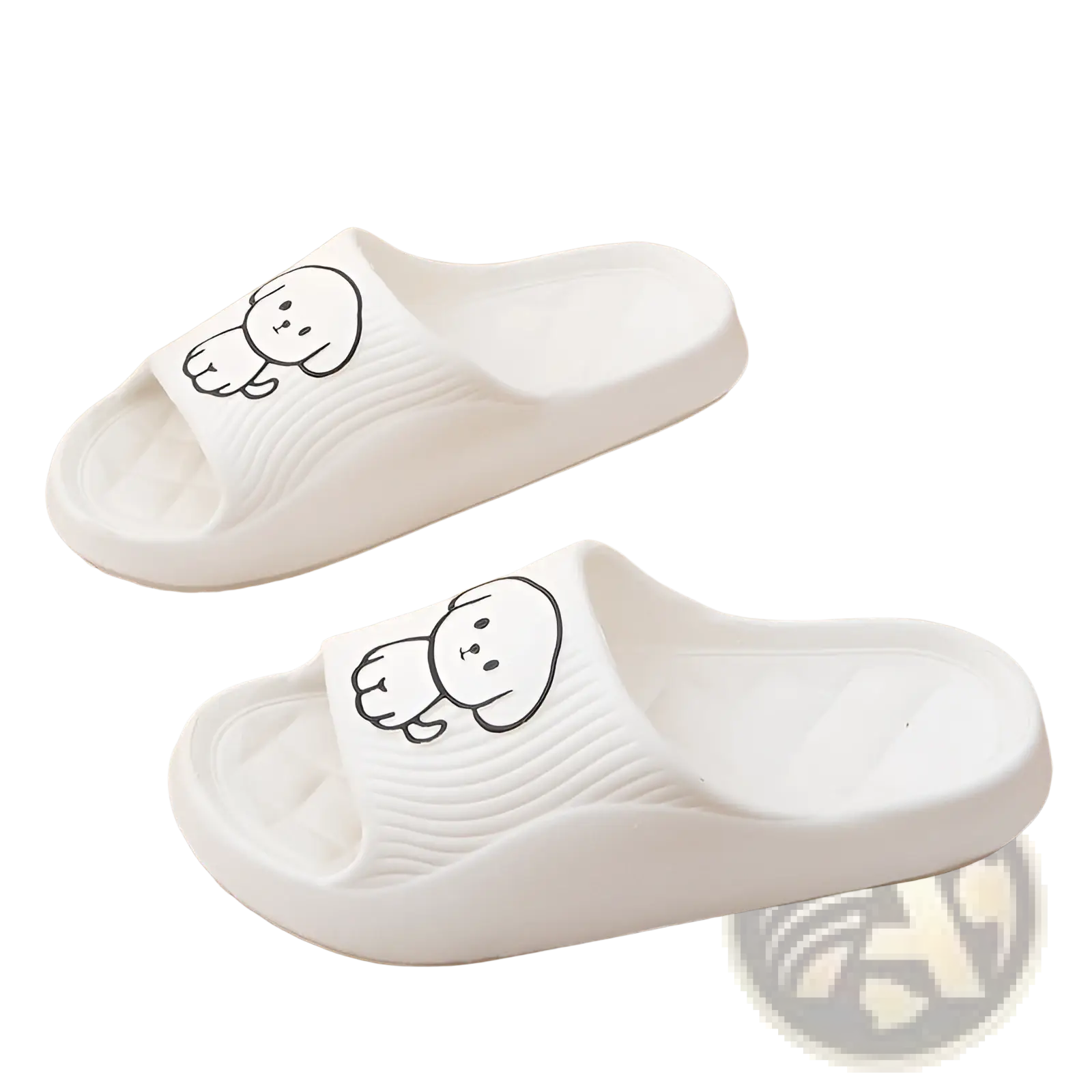 White rubber dog cartoon slide sandals with non slip Eva soles featuring a black puppy design on the footbed