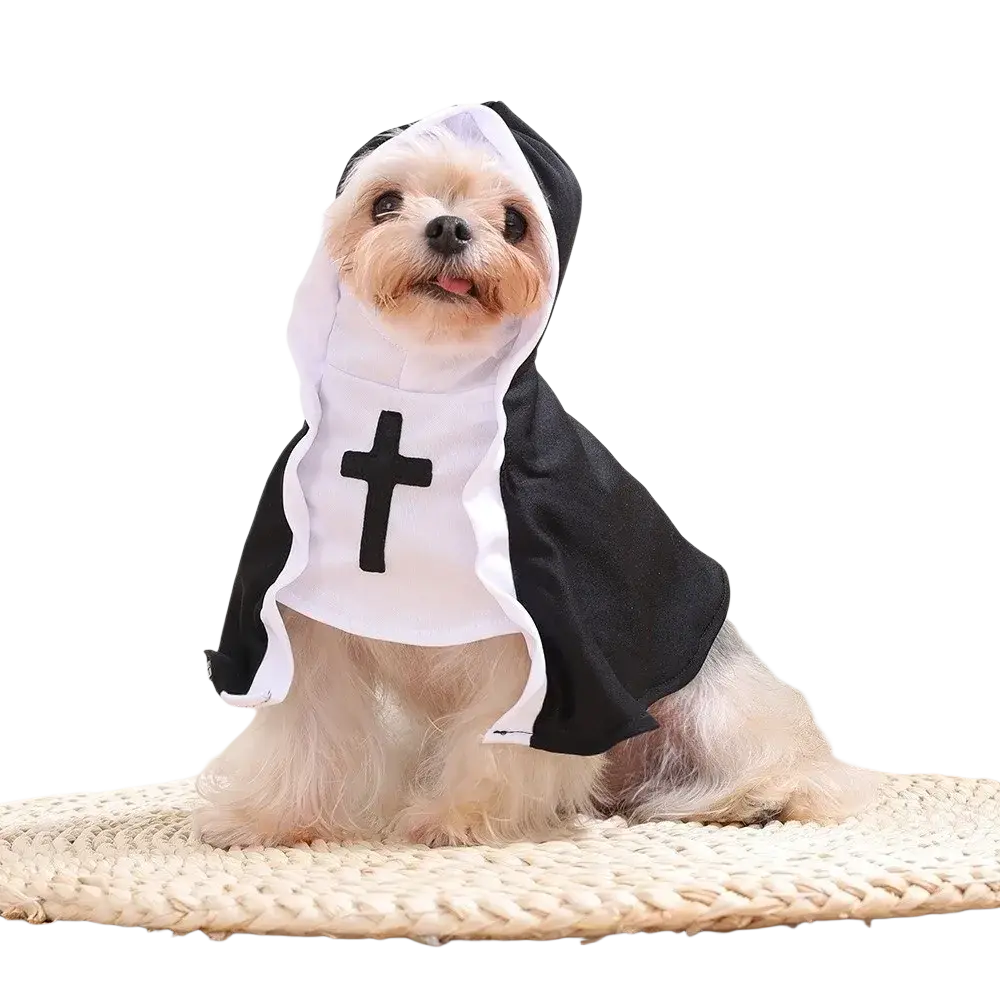 Black and white hooded dog cat nun costume with black cross front made of polyester fibre for pet dog cat use