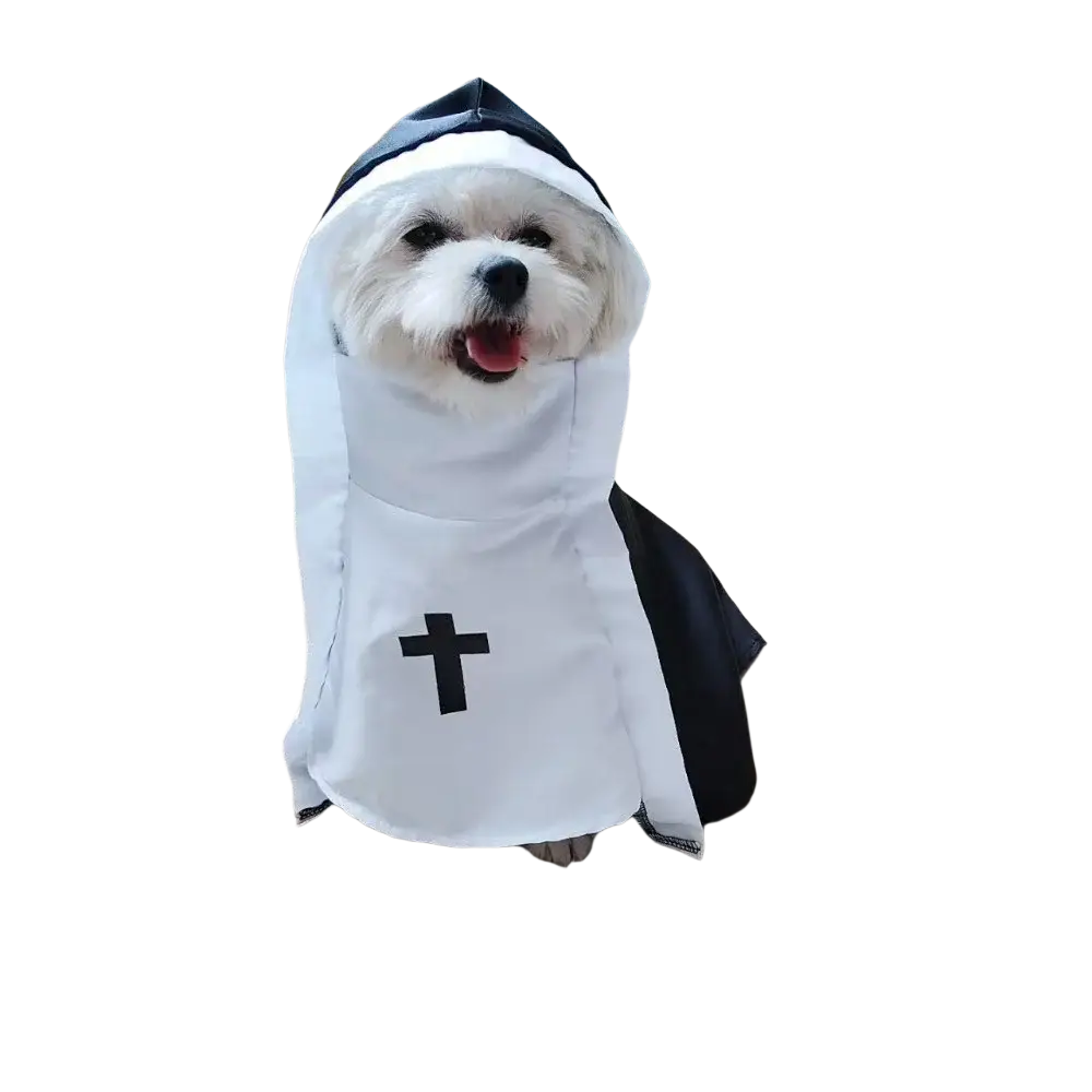 White and black nun-themed dog cat costume with cross emblem made of polyester fibre for pet dog cat use