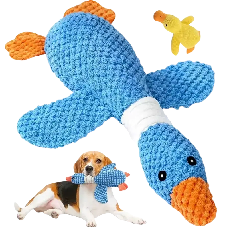 Blue crocheted duck-shaped squeaky plush dog toy with orange beak and feet and white band for chew toys use