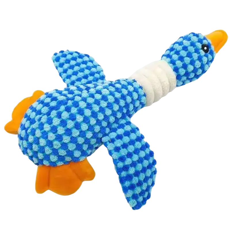 Blue and light blue checkered plush duck dog toy with orange beak and feet designed as a squeaky chew toy for puppies