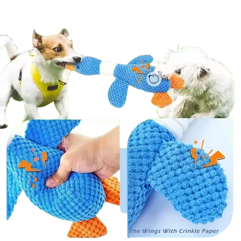 Blue and orange crocheted duck dog toy with squeaky sound and crinkle paper wings for puppy chew toys