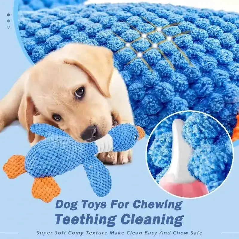 Blue and orange crocheted duck squeaky plush dog chew toy for puppies among popular dog toys type