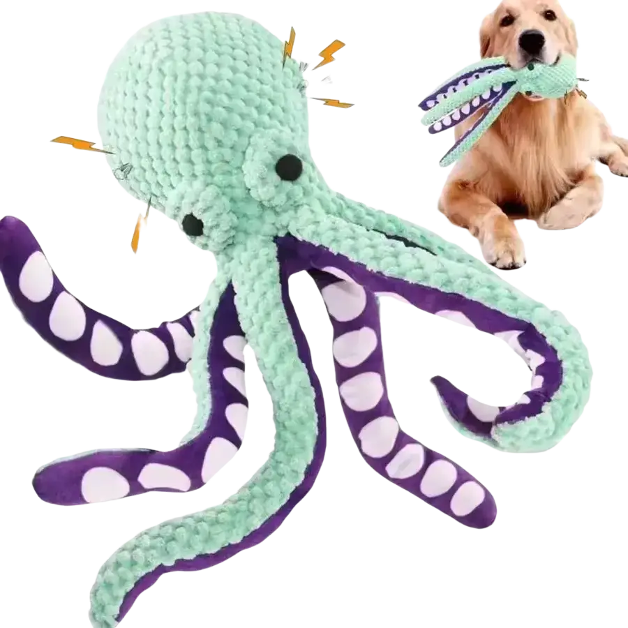 A plush mint-green and purple octopus dog toy with white spotted tentacles designed as a squeaky chew toy for puppies