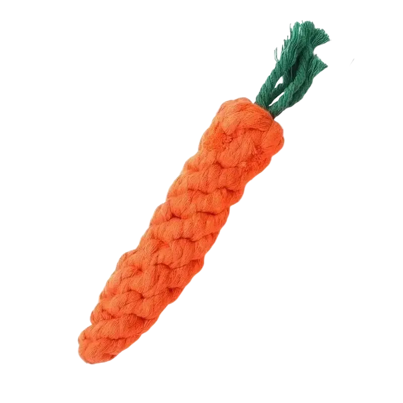 Orange braided rope chew toy shaped like a carrot with green frayed top for dog toys and chew toys use