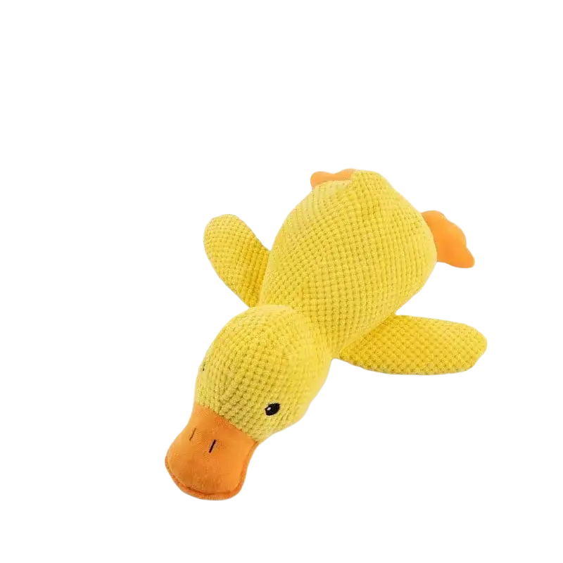 Yellow crocheted plush duck dog chew toy with orange beak and feet designed for puppies