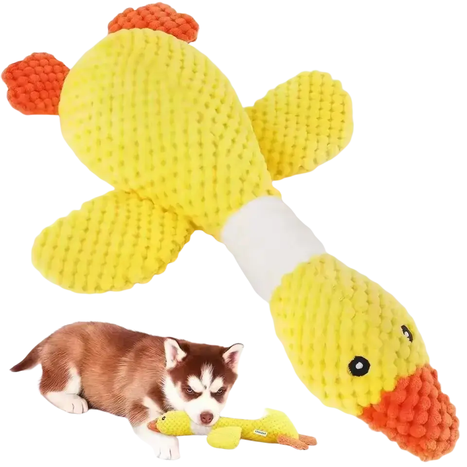 Yellow knitted rubber duck dog chew toy with orange beak and feet featuring textured surface for durability