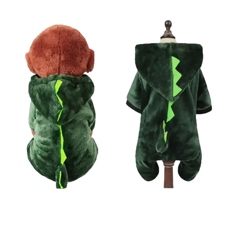 Dark green plush fleece dinosaur small dog jumpsuit with neon green spine and tail details for pet dog clothes