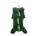 Dark green fleece dog clothes for small dogs with lime green spikes on back and tail shown from the back side