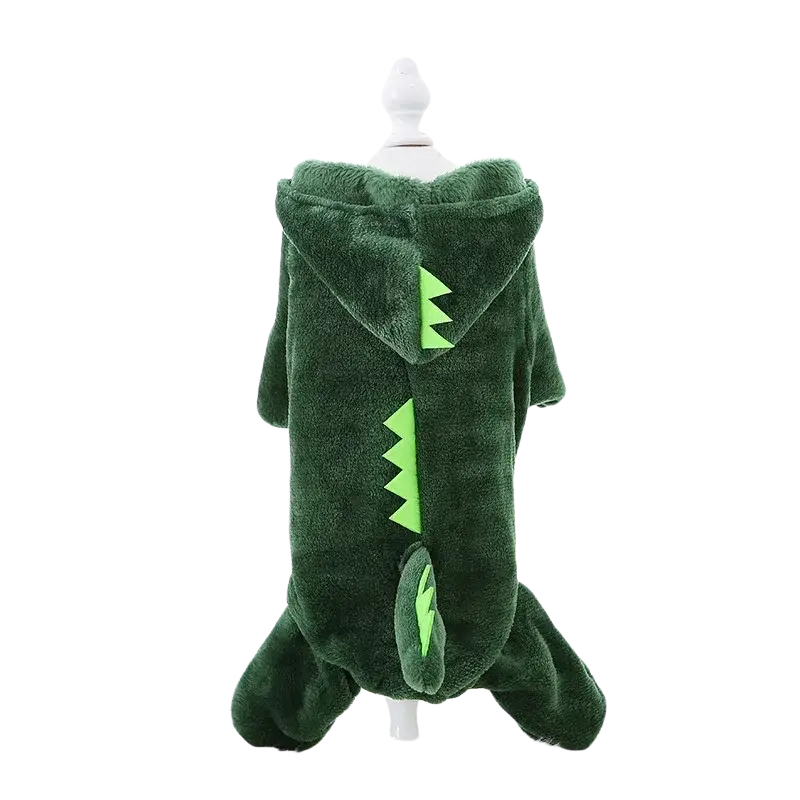Dark green fleece dog clothes for small dogs with lime green spikes on back and tail shown from the back side