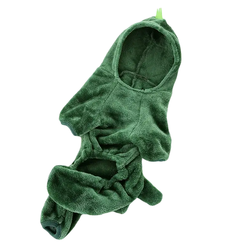 Green plush fleece dinosaur onesie with small tail detail for small dogs pet dog clothes jumpsuit