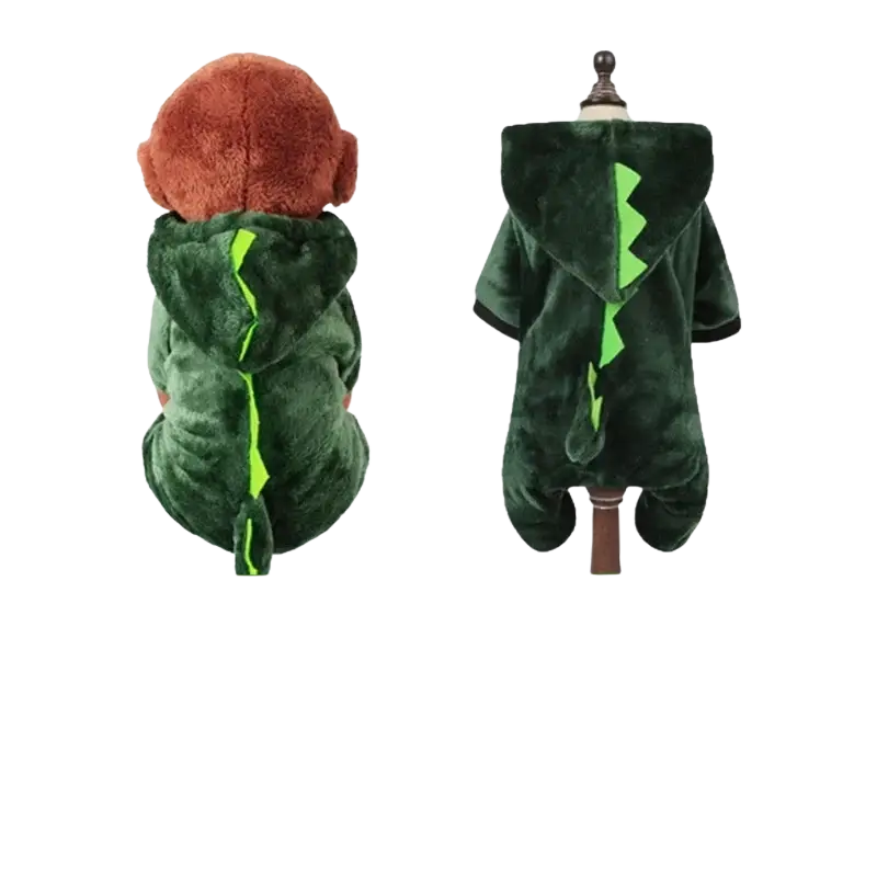 Green fleece dinosaur-themed pet dog clothes for small dogs featuring neon green zigzag spine detailing on back side