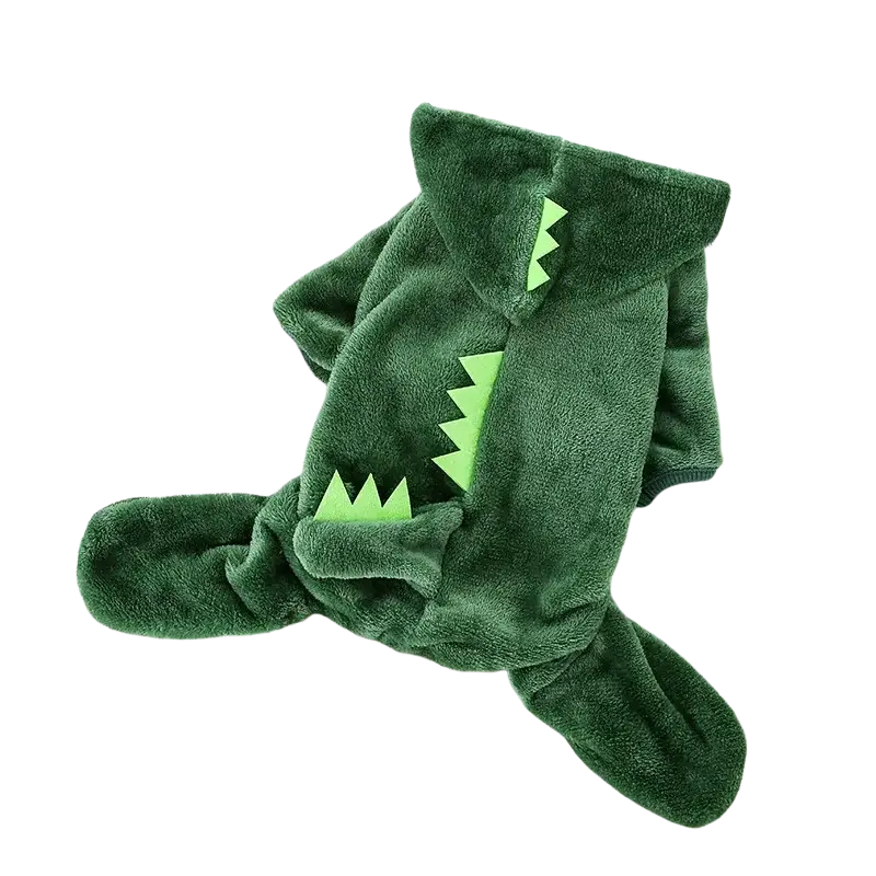 Soft green fleece dinosaur jumpsuit for small dogs with lime-green teeth accents pet dog clothes
