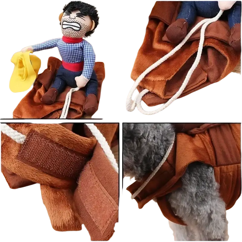 Brown plush cowboy outfit with white rope detailing and matching stuffed doll for dog clothes funny cosplay chest girth