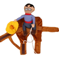 Plush cowboy doll in blue checkered shirt and denim pants seated on tan plush horse showcasing dog clothes funny cowboy costume with chest girth detail