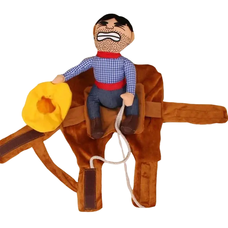 Plush cowboy doll in blue checkered shirt and denim pants seated on tan plush horse showcasing dog clothes funny cowboy costume with chest girth detail