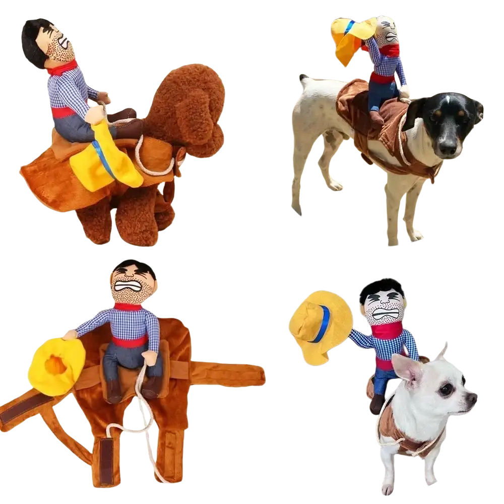 Plush dog clothes funny cowboy costume with stuffed rider in blue checkered shirt and tan horse body for chest girth use