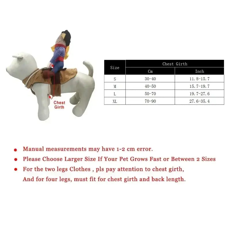 White plastic dog figurine wearing brown saddle cowboy outfit showcasing dog clothes funny cosplay with chest girth detail