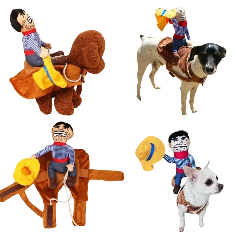 Brown plush cowboy riding costume for dogs with cartoon rider in blue plaid shirt and red neckerchief dog clothes funny cosplay