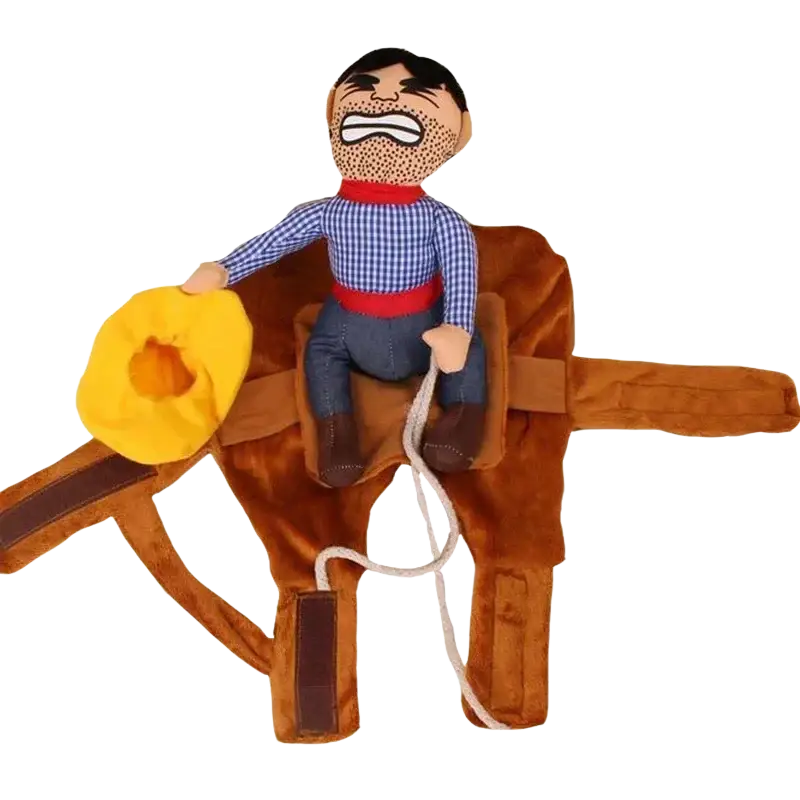 Plush cowboy-themed dog clothes funny costume with stuffed rider in blue checkered shirt, denim pants, and yellow hat for chest girth pets