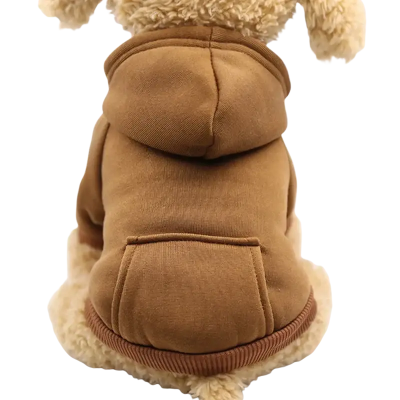 Brown plush dog hoodie with soft fuzzy texture and ribbed cuffs from dog clothes winter fleece hoodie with pocket