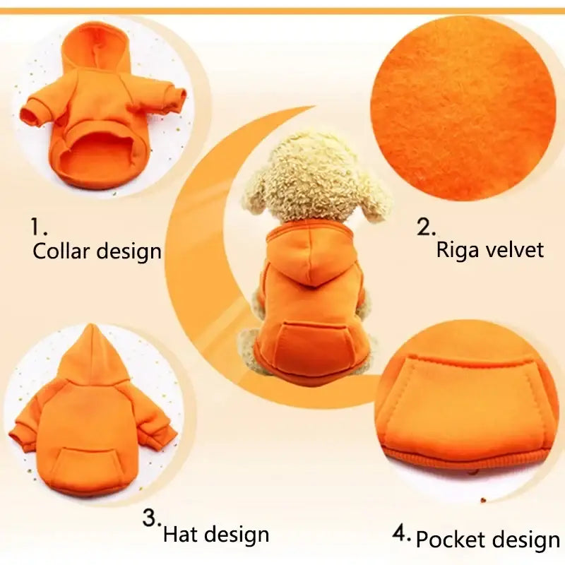 Orange riga velvet dog hoodie with collar hat and pocket design winter fleece dog clothes china post registered air mail