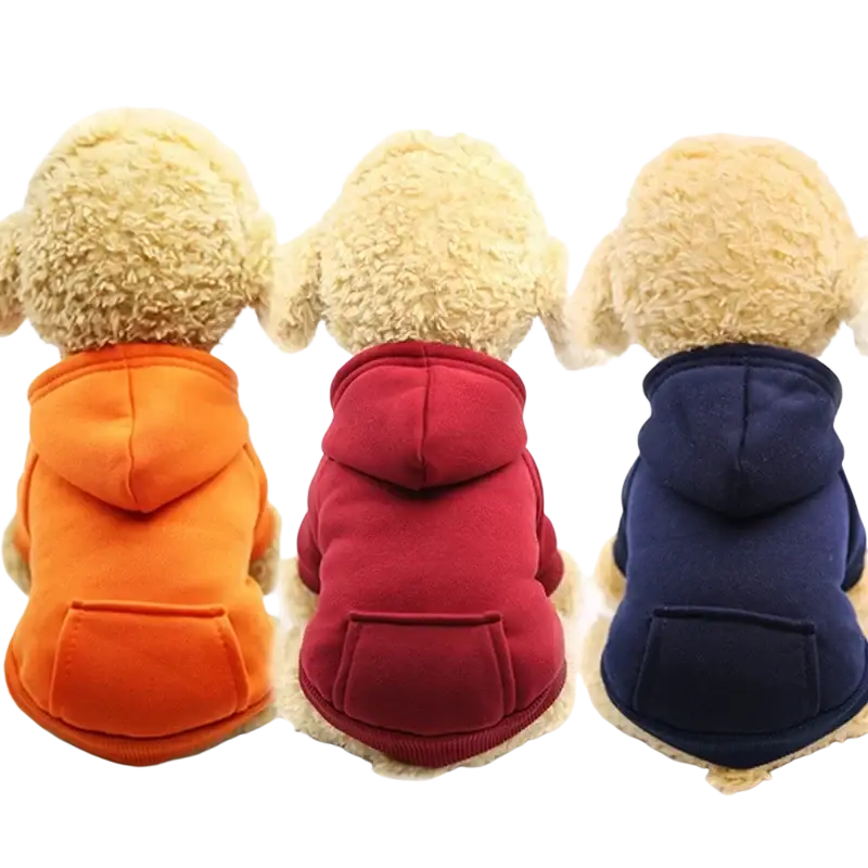 Three plush teddy bears wearing orange red and navy blue dog clothes winter fleece hoodies with pocket china post registered air mail