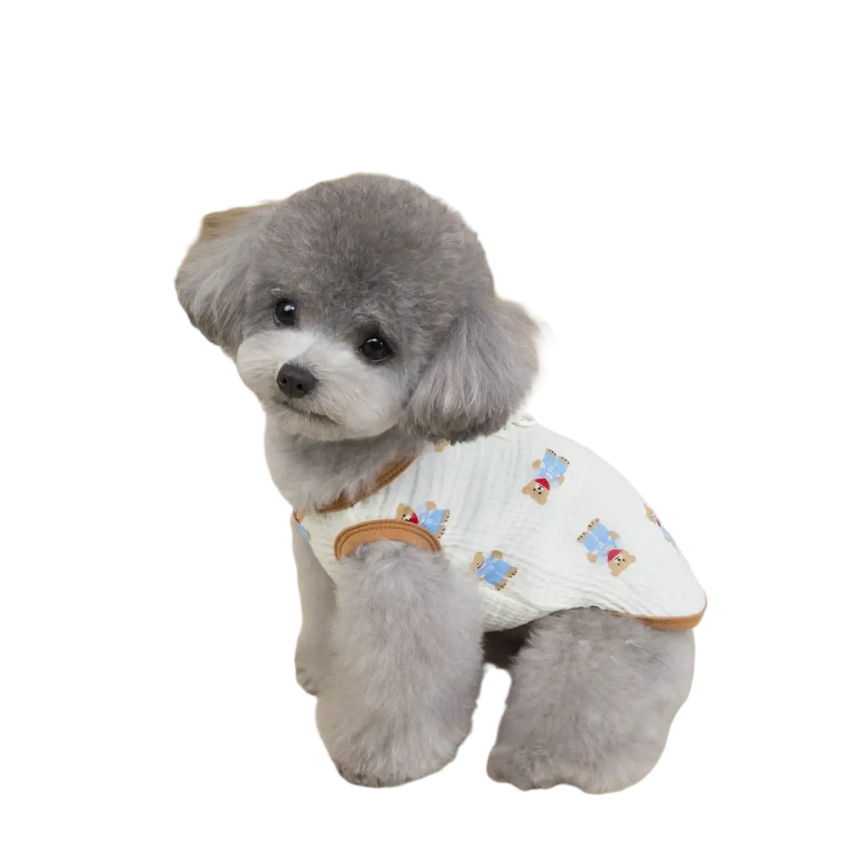 A soft white cotton dog vest with teddy bear embroidery and tan leather trim in pet clothing cat clothing style