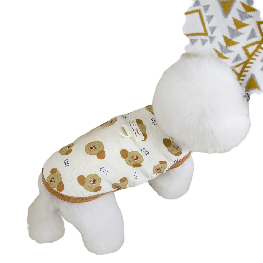 White cotton dog clothing cat vest with playful tan dog and bone pattern and brown trim for pet clothing