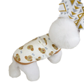 White cotton dog clothing cat vest with playful tan dog and bone pattern and brown trim for pet clothing