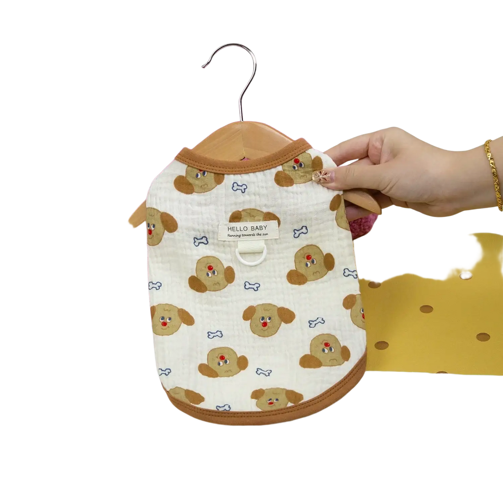 White quilted dog clothing cat cotton vest with brown trim cartoon puppy faces and hello baby label pet clothing