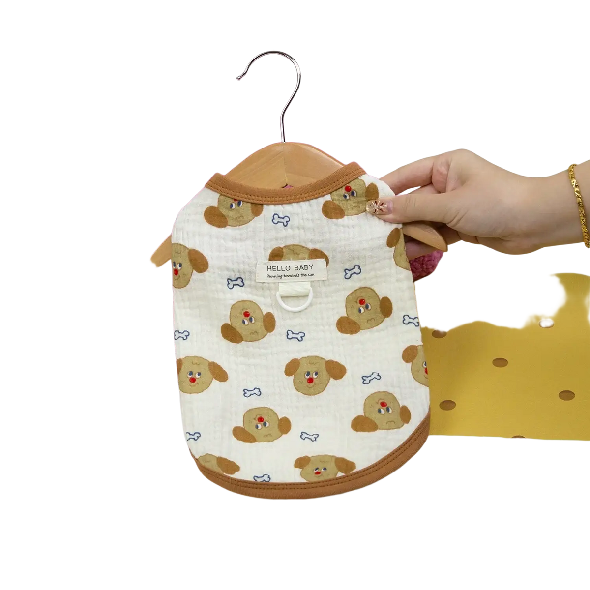 White quilted dog clothing cat cotton vest with brown trim cartoon puppy faces and hello baby label pet clothing