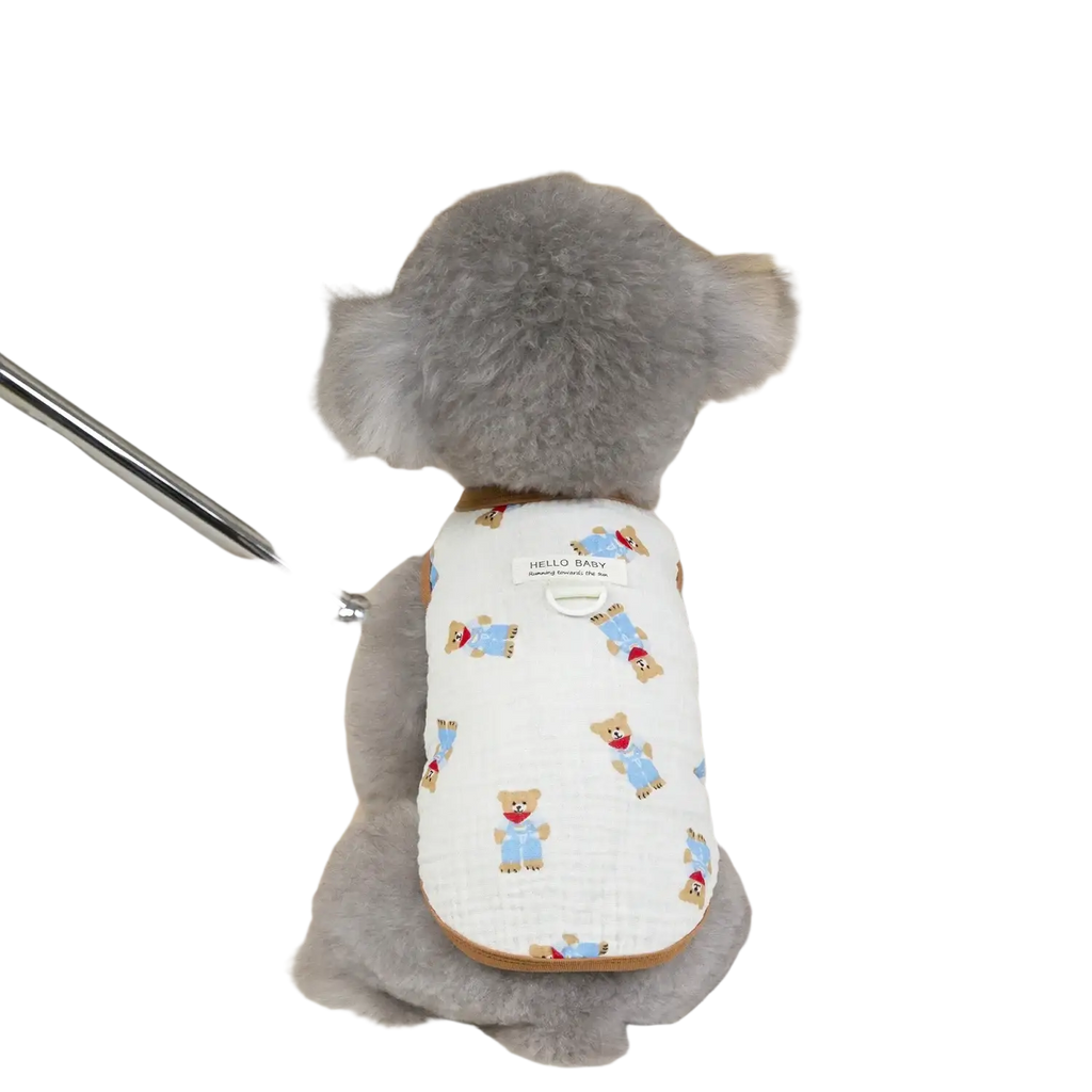 White quilted cotton dog clothing cat vest with embroidered teddy bears in blue and red and hello baby label on back
