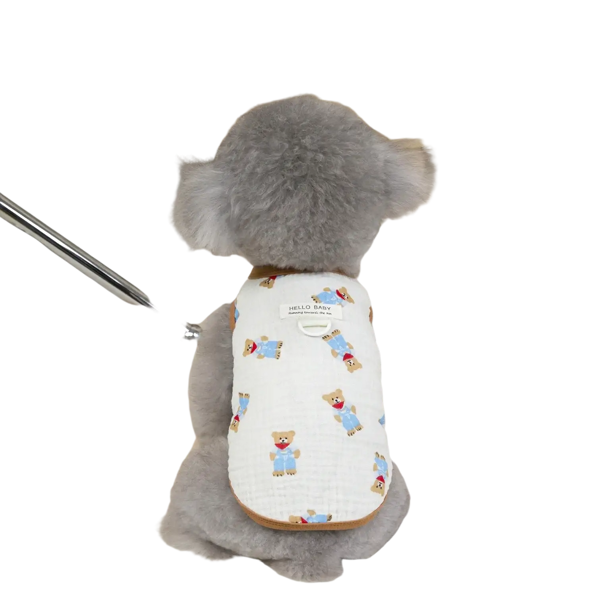 White quilted cotton dog clothing cat vest with embroidered teddy bears in blue and red and hello baby label on back