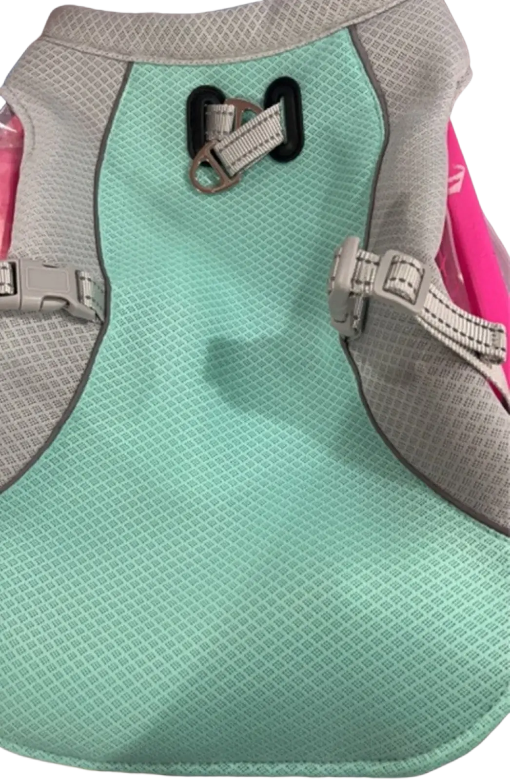 A mint green and gray mesh dog cooling vest harness with adjustable straps and metal buckles for sun protection