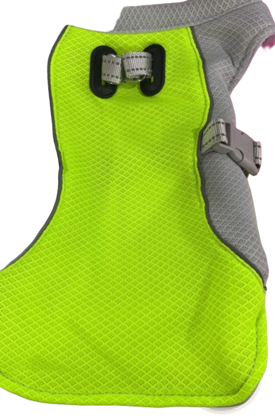 Bright neon green mesh dog cooling vest harness with gray accents and adjustable straps for sun protection