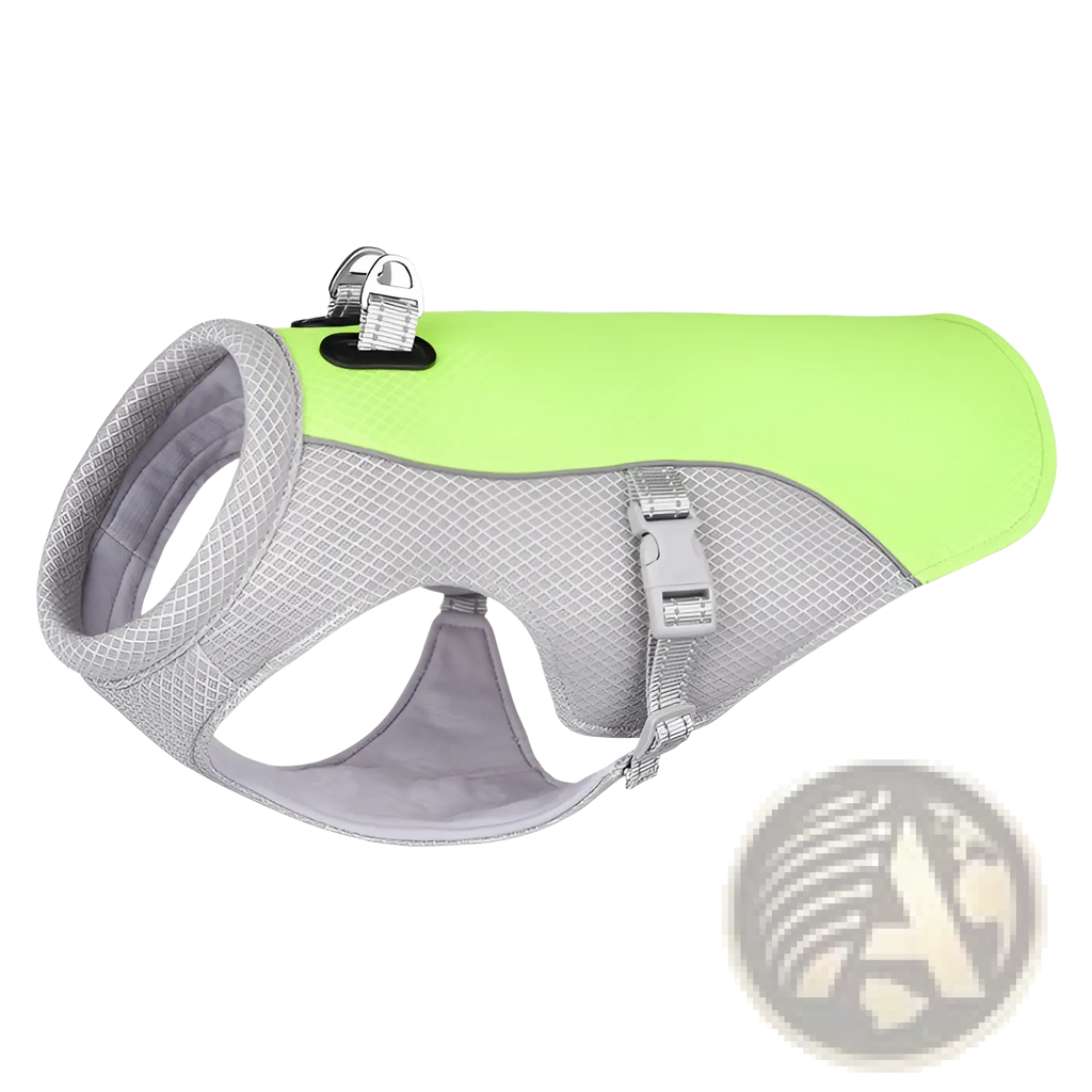 Bright lime green and gray mesh dog life jacket with reflective panels and adjustable straps for cooling and sun protection