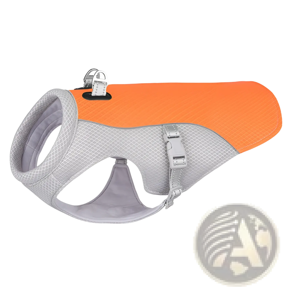 Bright orange and gray mesh dog cooling vest reflective sun proof harness with adjustable straps and silver buckle