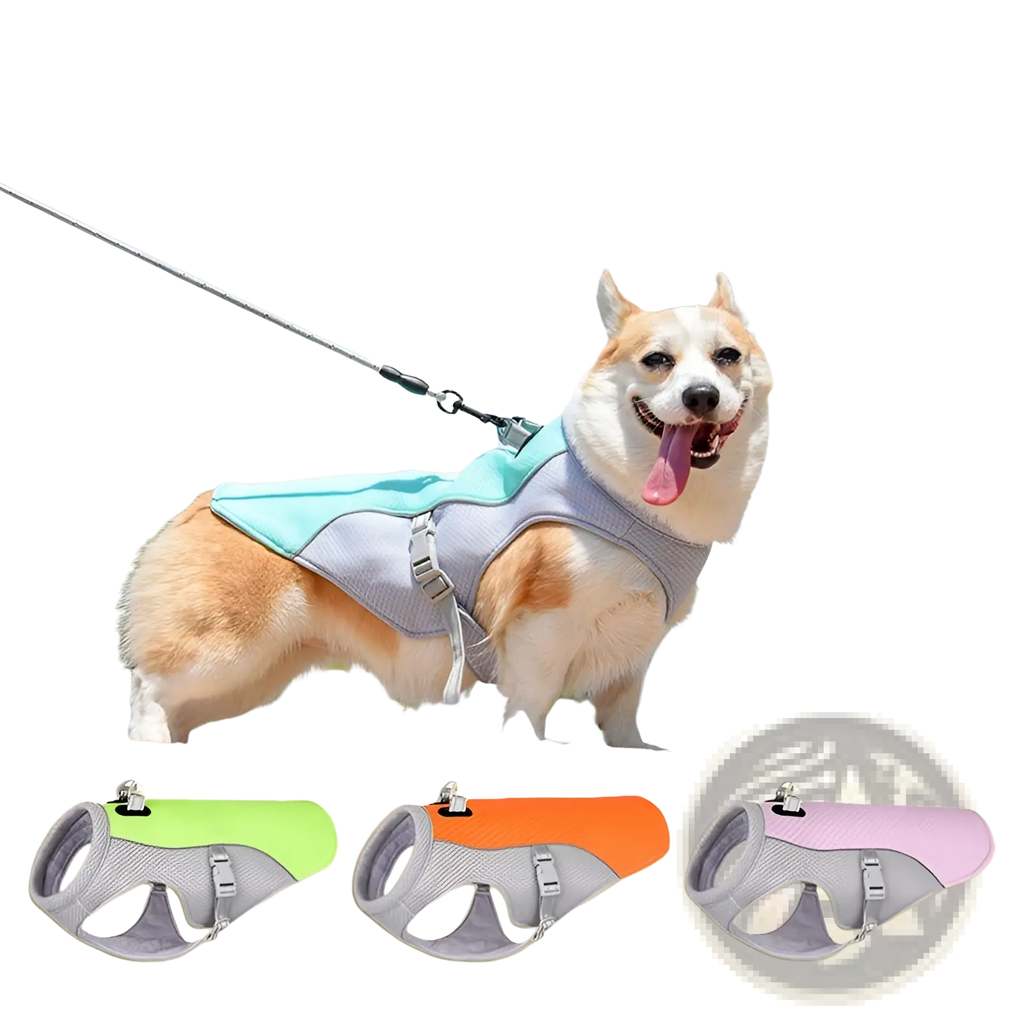 Light blue and gray mesh dog cooling vest with reflective sun proof harness and adjustable straps shown from the back side