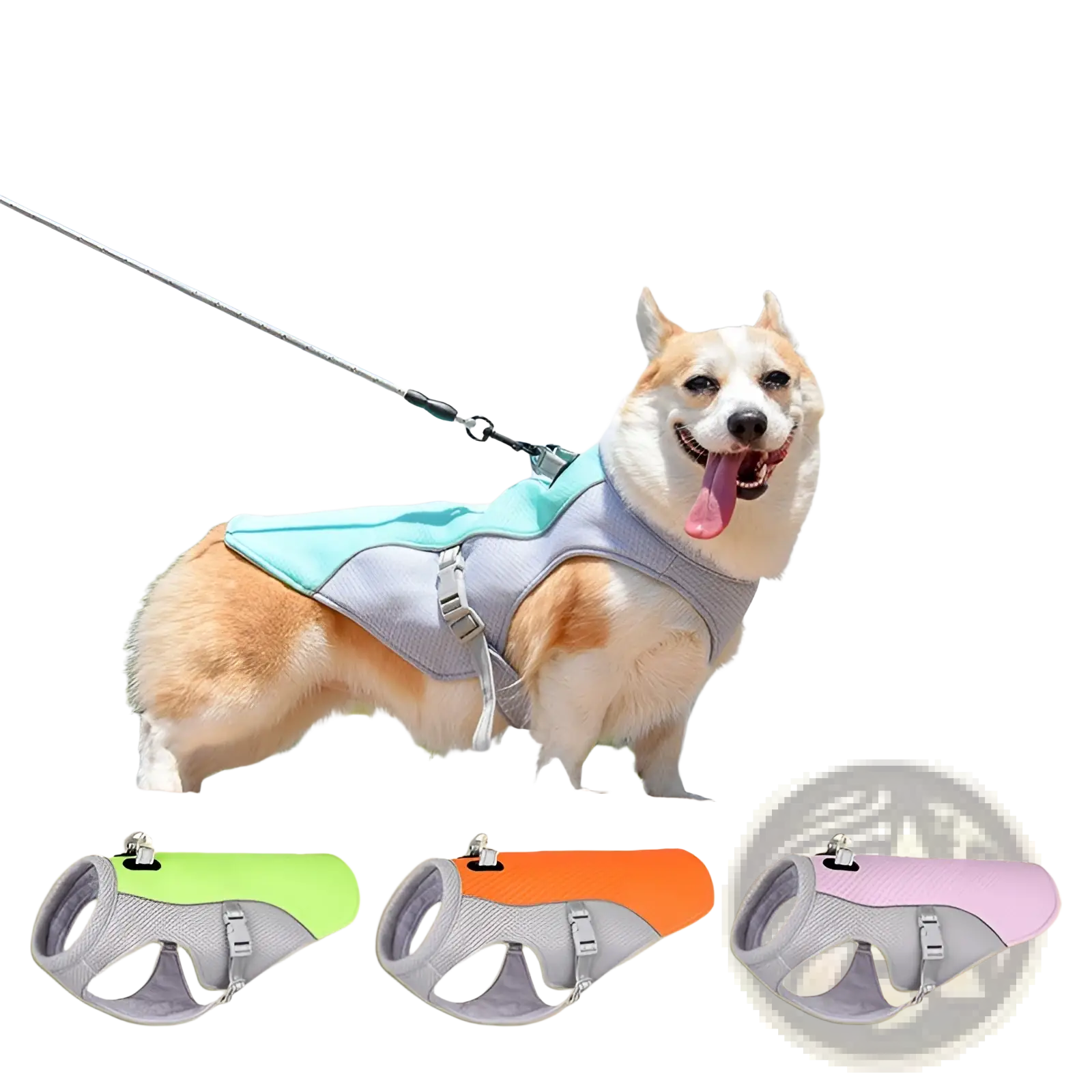 Light blue and gray mesh dog cooling vest with reflective sun proof harness and adjustable straps shown from the back side