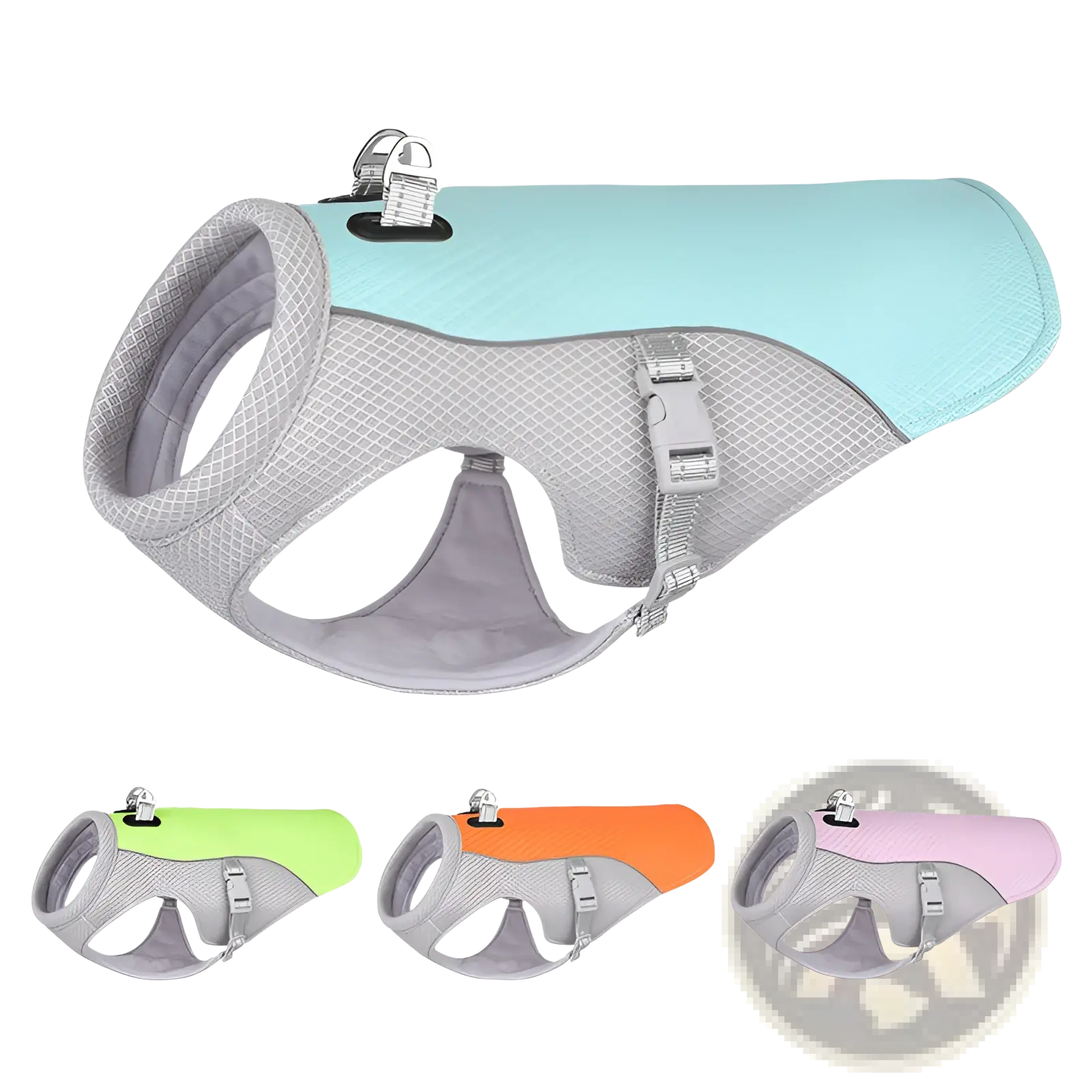 Light blue and gray mesh dog cooling vest with adjustable straps and reflective buckle for sun proof safety